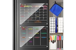 Ninyoon Calendar Meal Planner for Fridge, Magnetic Acrylic Fridge Menu Dry Erase Board with 6 Markers 1 Holder 12 Hanging Hardware 12 Gaskets 1 Towel - 2 Set (Clear - 13x9.8" - Weekly & Monthly)