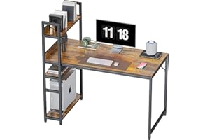 CubiCubi Computer Desk with 4 Tier Storage Shelves on Left or Right, 120x60x117 cm Study Writing Table with Bookshelf for Home Office, Modern Simple Style, Steel Frame, Rustic Brown