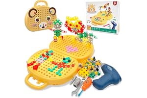 PICKONA 204 PCS 3D Take Apart Toys - Montessori Play Toolbox, Montessori Toys for Kids, Tool Box Bear with Drill, Mosaic Design Construction Building Blocks DIY Set with Storage Box (Yellow Dog)