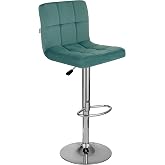 Baroni Home 1 x Adjustable Kitchen Bar Stool 360&deg; Swivel with Backrest and Footrest, Chrome Steel Structure, Petrol Velvet, 1
