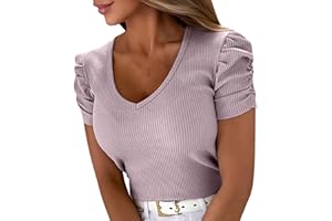 FUNALOE Flowy Tops for Women UK,UK Stock Women's Casual Sexy Stretch Threaded Tops Trendy Summer Ribbed Puff Sleeve V-Neck Short Sleeve T-Shirt UK Size 20 Jubilee T Shirts 20222898