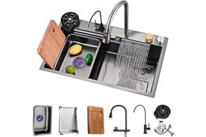 NOYHHAV Évier Cuisine 1 Bac Évier de cuisine en acier inoxydable Noir évier multifonctionnel Évier grande capacité, Robinet cascade avec accessoires de cuisine(Noir, 68 x 45 x 23CM)