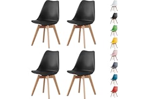 MOF Dining Chairs Set of 4 – Modern Faux Leather Dining Room Chairs with Wooden Legs, Padded Seat & Curved Backrest–Easy to Clean Chair for Lounge, Kitchen, Office - Stylish DELUXE Retro EVA (BLACK)