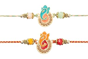 Eximious India Set of 2 Rakhi For Brother With Greeting Card, Roli and Chaval Traditional Indian Ganesha Rakhi For Raksha Bandhan Designer Rakhi Thread for Bhaiya HolyDesign022024, M, Cotton, no