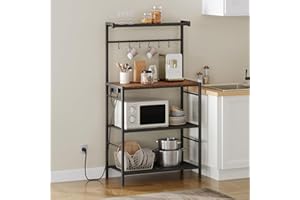 ‎MAHANCRIS MAHANCRIS Küchenregal, Standregal, Bäckerregal mit Steckdose, 6 S-Haken und 4 Ebenen, 80 x 35 x 131,7 cm, Mikrowellenständer für Küche, Esszimmer, Wohnzimmer, Vintagebraun und Schwarz ABRHR351UE01