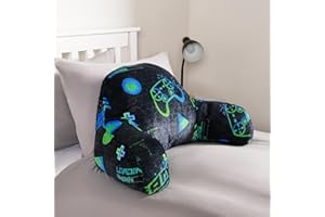 OHS Cuddle Cushion for Kids Gamer, Supportive Reading Pillow Kids Soft Cosy Fleece Gaming Cushions Cuddle Pillow Backrest for Boys Bedroom Relaxing Comfy - Black Neon