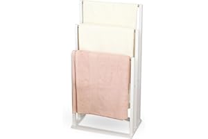 Froppi Free Standing Towel Rail Bathroom Hand Towel Holder White Bamboo with 3 Golden Metal Bars L42 W24 H81.5 cm