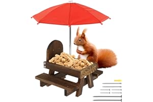 GUIJZSLTRG Wooden Squirrel Feeder Table with Umbrella Funny Wooden Squirrel Picnic Bench Feeder with Corn Cob Holder Wild Food Storage Box Outdoor Garden Ornaments for Chipmunk Wildlife Bird Feeder