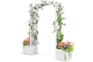 HOMASIS Rosenbogen mit 2 Blumenkasten, Torbogen Holzbogen für Hochzeit Garten Party, Rankgitter für Rosen Kletterpflanzen Blumen Gemüse, Gartenbogen Rankhilfe Spalier, Pergola 183 x 42 x 200 cm, Weiß
