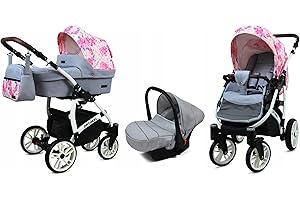 BabyLux® Bambini Passeggino Completo Set 3 in 1 - Optimal - incl. Navicella, Canna, Seggiolino Auto - Carrozzina Neonati Sistema Combinato - con Borsa fasciatoio, Copertura antipioggia ecc.