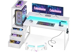 Coleshome Biurko Gamingowe z Oświetleniem LED & Gniazdkiem, Odwracalne Biurko Komputerowe z Szufladami, Stół Gamingowy z Miejscem do Przechowywania & Stojakiem na Monitor, Włókno Węglowe Białe 151 cm