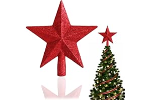 BUKEZUDANG Weihnachtsbaumspitze Stern, Glitzer Weihnachtsbaum Stern Topper, 20cm Christbaumspitze Stern, Christbaumspitze Kunststoff, Mini Deko Weihnachten für Weihnachtsbaum Deko, Rot