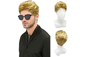 TSHAOUN Peluca de Rubio para Hombre Corta Postizo de Hombre, Peluca de Chico de Banda, de Disco de Punk Rock Cantante para Fiesta Halloween Hippies Disfraz Cosplay (Rubio)