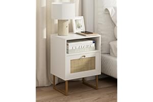 HEYZOEY Rattan Bedside Table,Modern Boho Farmhouse Wood Nightstand with Storage Drawer and Open Shelf,Small Gold Frame Side Table for Bedroom,Living Room,Office(White)