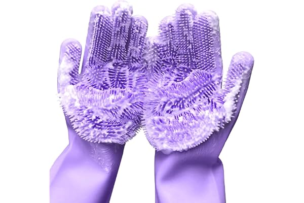 Pivalo Silicone Gloves Reusable Rubber Dishwashing Kitchen Scrubber for Pet Grooming Washing Dishes Bathroom Car - (1 Pair, Multicolour)