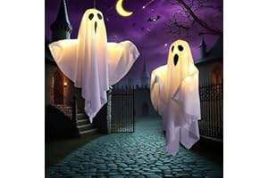 23GUANYI 2 Pezzi Fantasmi Halloween Decorazioni Esterno, Fantasmi da Appendere con Luci LED Simpatici Volanti Fantasma Halloween Decorazioni per Giardino Veranda Albero Esterno Festa