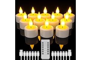 ‎SOULBAY SoulBay Wiederaufladbare Teelichter, 12 Stück Wiederaufladbare Kerzen Flackernd mit Fernbedienung und Timer, LED Kerzen mit 6-Port USB-C Kabel für Zuhause, Zimmer, Tisch, Halloween Weihnachtsdeko