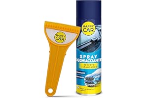 HappyCar 1 Spray Antighiaccio Auto 300 ml + Raschietto - Deghiacciante Sciogli Ghiaccio per Vetri e Parabrezza - Sblocca Finestrini, Cerniere, Guarnizioni e Serrature