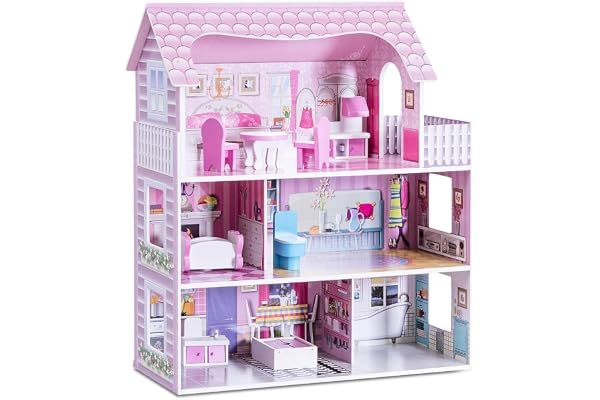 GOPLUS Maison de Poupée Fille, Maison de Rêve en Bois, Villa Enfant à 3 Étages avec Mobiliers, Cuisine, Chambre, Salle de Bain, Balcon, Cadeau pour Enfant 3+ Ans, 61 x 26,5 x 71CM, Rose