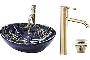 GTM Design Aufsatzwaschbecken Glanz Set mit Waschtischbatterie und Stopfen - Aufsatzwaschbecken Oval für Badezimmer - Modern Waschbecken ohne Hahnloch - Waschbecken mit Armature - Modell 11