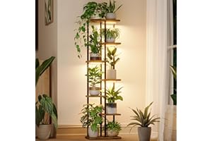 Bamworld Växtställning Hörnan 7 Våningar Metall Växtstativ med Växtlampa Inomhus Trä Blomsterställ Hemma Vardagsrum Balkong