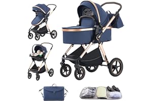 BEBBY Multifunzionale Carrozzina Passeggino Trio Combinazione Passeggino 3 in 1 Passeggino Ovetto Pieghevole Set Passeggino Neonato Sedili Parapiedi Zanzariere D2-BLUE