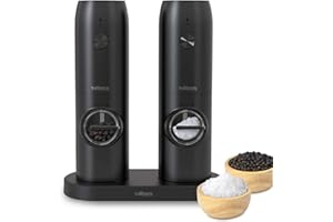 THORBEN Thörben Molinillos de Especias Eléctricos, Set de Sal y Pimienta, Recargable USB-C, Núcleo de Molienda Cerámico, Ajuste de Grosor, luz led inferior y base de carga/almacenamiento, Uso con una mano