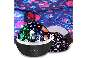 Moredig - Lampara Nocturna Infantil, 2 en 1, Proyector Estrella/Océano 360°, 8 Colores, Lámpara de Noche para Bebé, Guardería, Dormitorio, Decoración Fiestas, Regalo Navidad para Niños, Niña - Negro