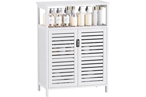 HITNET Szafka podłogowa do łazienki, wolnostojący bambusowy organizer do przechowywania z podwójnymi drzwiami i otwartymi półkami, oszczędzający miejsce mały kredens kuchenny, biały