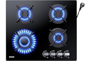 ‎WEHIMO WEHIMO Gaskochfeld 4 Flammig, Glas Einbau-Gaskochfeld, 59cm, 7800W, 4 Kochzonen (3300W+1750W+1750W+1000W), 4 Zonen Gaskochfeld für Propangas und Erdgas, Schwarzes Glas, Geeignet für Alle Töpfe