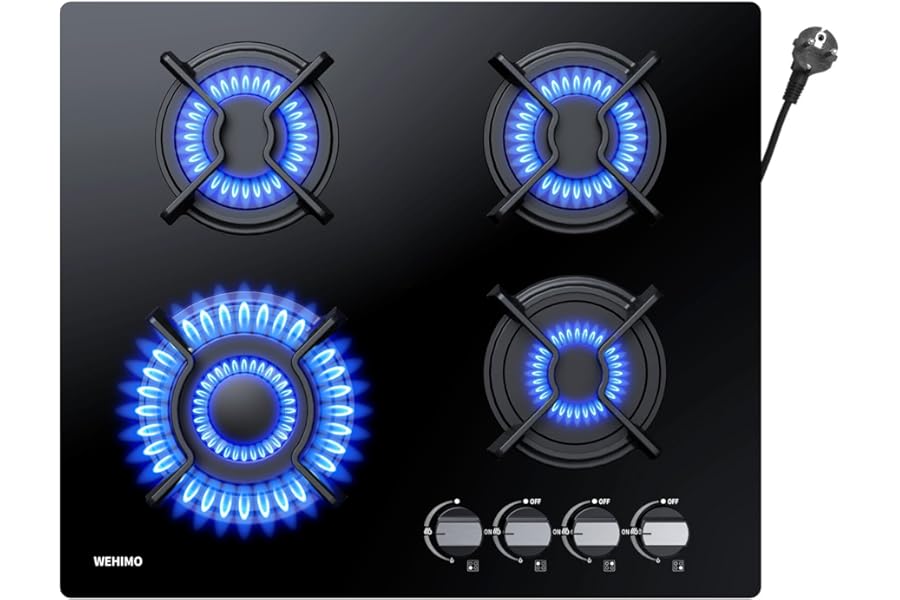 WEHIMO Built-in 4 Burner Gas Hob, 60 cm, 7800W, Flame-Out Protection, Natural Gas/Propane/Butane, Black Glass
