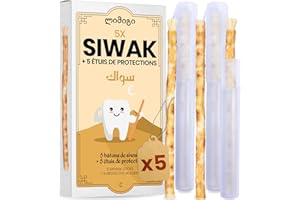 MODOGO 5 Bâtons de Siwak + 5 Étuis de Protection - سواك Miswak Brosse à Dents Ecologique - 100% Naturel et Biodégradable - Hygiène Zéro-Déchets - Vegan