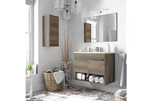 INBAGNO Mobile bagno sospeso 80 cm, 2 ante e vano a giorno serie Oasi, colore rovere con venatura naturale, COMPLETO di lavabo, specchio e pensile basso