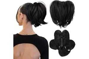 PORSMEER Claw Clip in Short Ponytail Hair Extension with Bendable Metal Wire Hair Pieces for Women Messy Bun Hair Piece, Fake Pony Tail DIY Styles (Black)