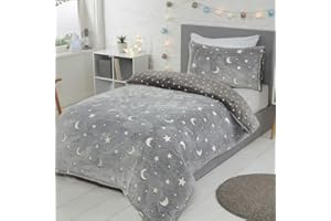 Sleepdown Moons & Stars Glow in The Dark Kids Boys Girls Reverse Soft Feel Fleece Duvet Cover Quilt Bedding Set with Pillowcase-Single (135cm x 200cm), Polyester, Charcoal Grey