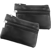 2 Pcs Men's Black Wallet, 11 x 8 cm, Leather Coin Purse Zippers and Key Ring, Exclusive Design in Handmade Leather, Durable E