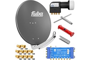 Fuba 8 Teilnehmer Digital SAT Anlage 78cm Schüssel DAA780A Anthrazit + hb-digital UHD 414 S Quattro LNB 0,1dB HDTV 4K + UHD-MS 5/8 Multischalter + Aufdreh-Set + 24 vergoldete F-Stecker Gratis dazu