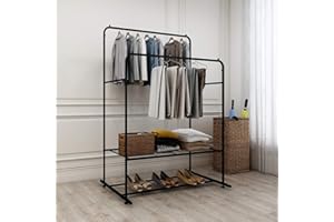 DUMEE Clothes Rail Clothes Rack Heavy Duty Coat Racks Garment Rack Hanger With Double Rod and Lower Storage Shelf Clothes Rack Easy to Assemble Adds Instant Closet Space Black