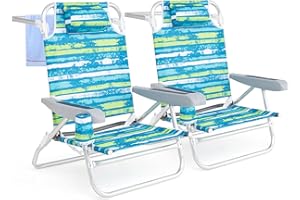 COSTWAY Silla Playa Plegable, Tumbona Playa con 5 Posiciones, Portavasos, Bolsillos de Almacenamiento, Correas de Hombro, Soporte para Toallas, Silla Reclinable Baja 150kg (2, Verde+Marino)