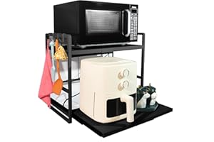 BeSokar 2-Tier Microwave Rack - Height Adjustable & Extendable Kitchen Shelf with Drawer - Carbon Steel - Includes Hooks & Reinforcement Suction Cups - Easy Assembly (Black)