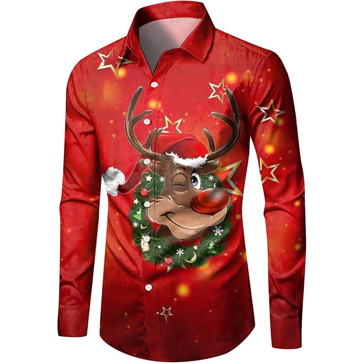 Chemise De Noël Homme – Manches Longues, Imprimé Drôle, Coupe Slim – Taille Asiatique (prendre 1-2 Tailles Au-dessus) - 2