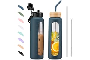 BLUEGO 900ML Bouteille d'eau en Verre et 2 Couvercles Gourde Reutilisable Tasse à Café avec Marqueur de Temps et Protecteur en Silicone Sans BPA pour Enfant et Adultes, Bleu foncé