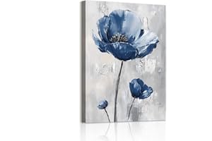 WENGTIAO Bleu Fleurs Tableau Decoration Murale Encadré Toile Peinture Florale Abstraite Vintage Decoration Murale Salon Maison Deco Chambre Prêt à Accrocher 40x60cm