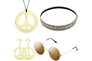 WILLBOND 4 Pcs Set d’Accessories de Costumes Hippie des Années 70 pour Femmes Lunettes de Soleil Hippies, Boucles d'oreilles Collier Signe de Paix, Bandeau Boho pour Halloween Carnaval