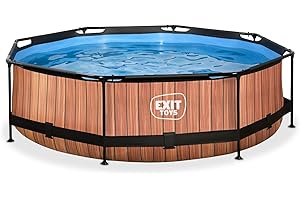 EXIT Toys Wood Pool - ø300x76cm - Piscina de Marco Redondo con Bomba de Filtro de Cartucho - Fácil Acceso - Adecuada para Niños Pequeños - Marco Robusto - Diseño Único - Marrón