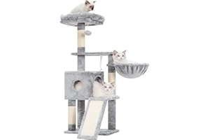 Hey-brother Cat Tree, 110 cm wieża dla kotów domowych, pluszowe wielopoziomowe mieszkanie dla kotów z drapakiem, rampą, koszem, przestronną jaskinią dla kotów, wiszącą piłką, jasnoszary EMPJ007SW