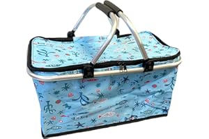 JUST4BABY just 4 baby 28L Foldable Picnic Folding Basket Insulated Cooler Bag Camping Travel Hamper Large Cool Bag - Blue Sealife Design, Black (BS-1)