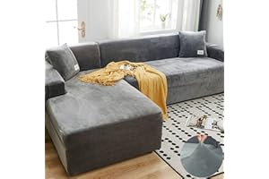 LINGKY Sofabezug Ecksofa L Form Stretch Samt Sofa Überzug Universal Couchbezug Für 1/2/3/4 Sitzer Waschbar Sofa Überwürfe (L Form Ecksofa Erfordert Zwei) - Sofabezug 4 Sitzer, Hellgrau