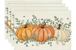 ‎ARTOID MODE Artoid Mode DREI Orange Kürbisse Eukalyptus Herbst Platzsets 4er Set, 30x45cm Urlaub Tischsets Waschbar Platzdeckchen Küche Party Deko