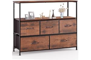 ‎SWEETCRISPY Sweetcrispy Kommode,TV Schrank Stand für Schlafzimmer mit 5 Stoffschubladen,Sideboard Wohnzimmer für 115cm TV,Einstellbare Füße Schubladenschrank,Komodenschrank für Schlafzimmer,Modernes Braun
